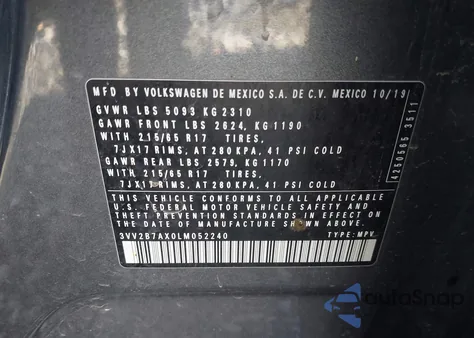 2020 Volkswagen Tiguan 2.0T Se/2.0T Se R-Line Black/2.0T Sel z USA, uszkodzony, nr VIN 3VV2B7AX0LM052240